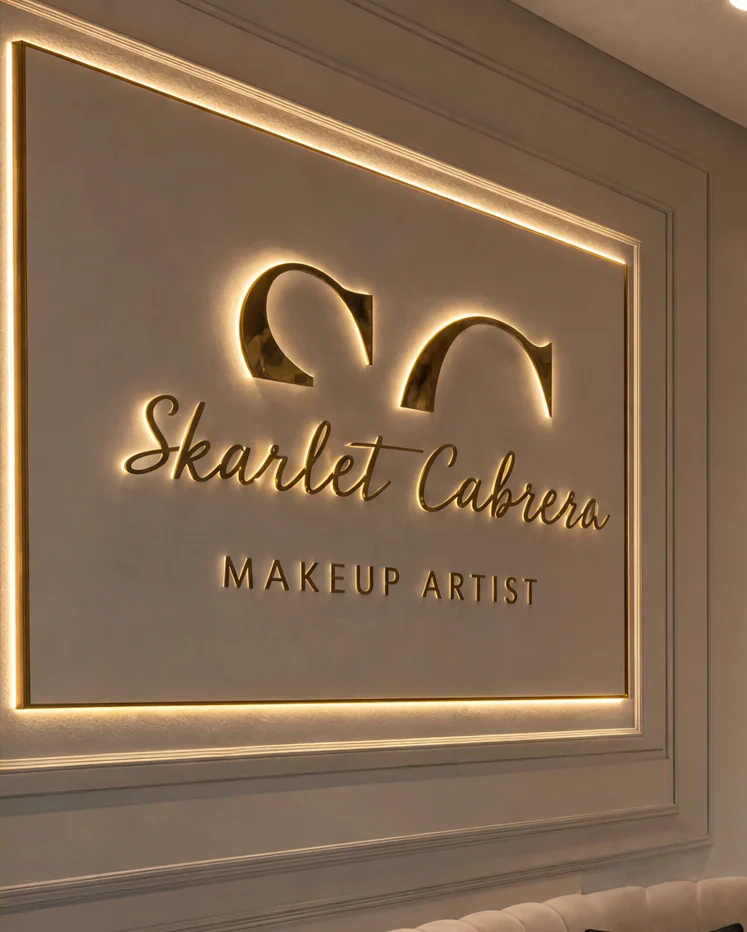 Letrero iluminado Skarlet Cabrera Makeup Artist en la pared del estudio